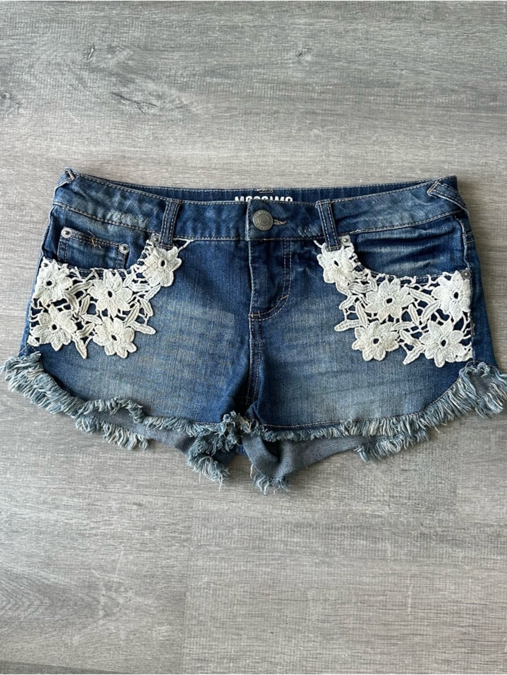 Vintage Mossimo Y2K Low-Rise Denim Shorts with Floral Crochet Lace Detail